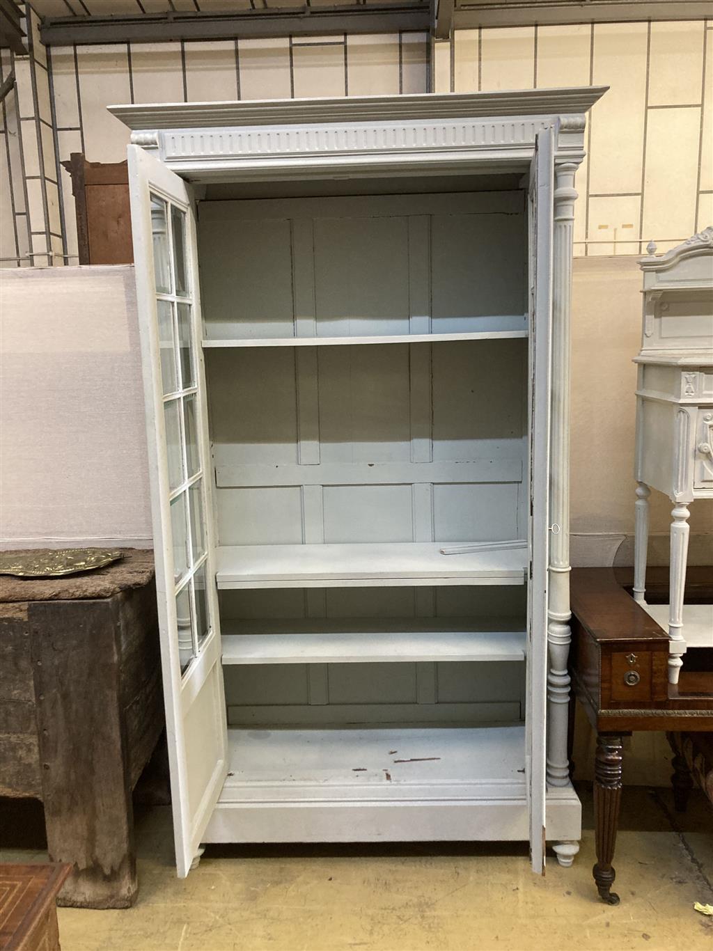 A late 19th century French grey painted display cabinet, width 122cm depth 50cm height 216cm